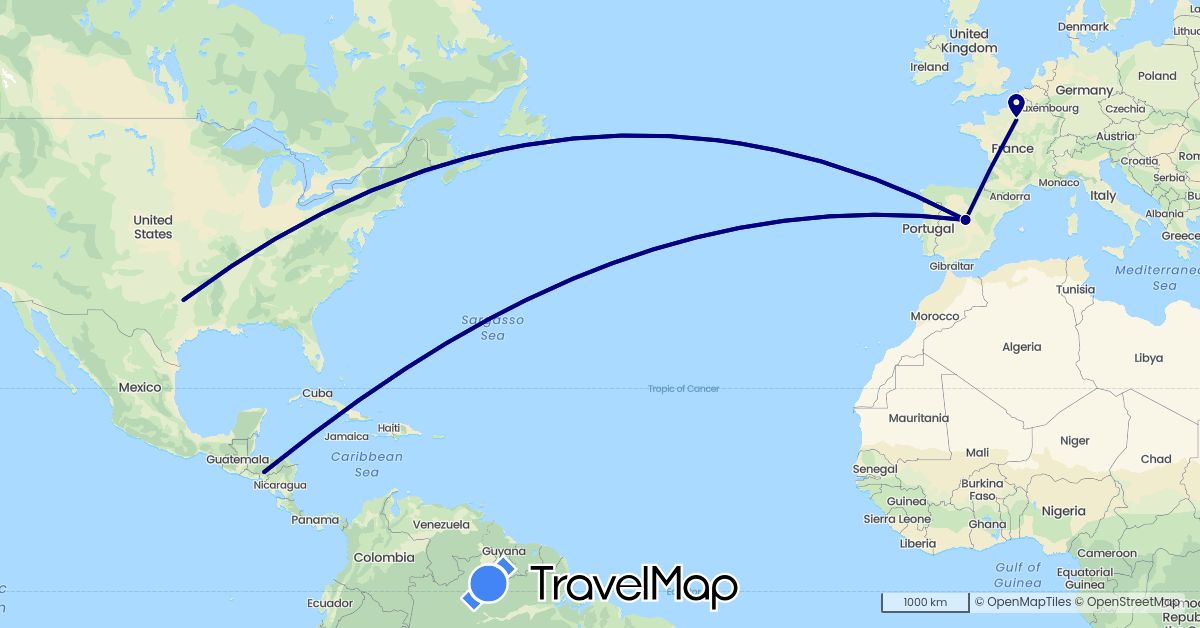 TravelMap itinerary: driving in Spain, France, Honduras, United States (Europe, North America)